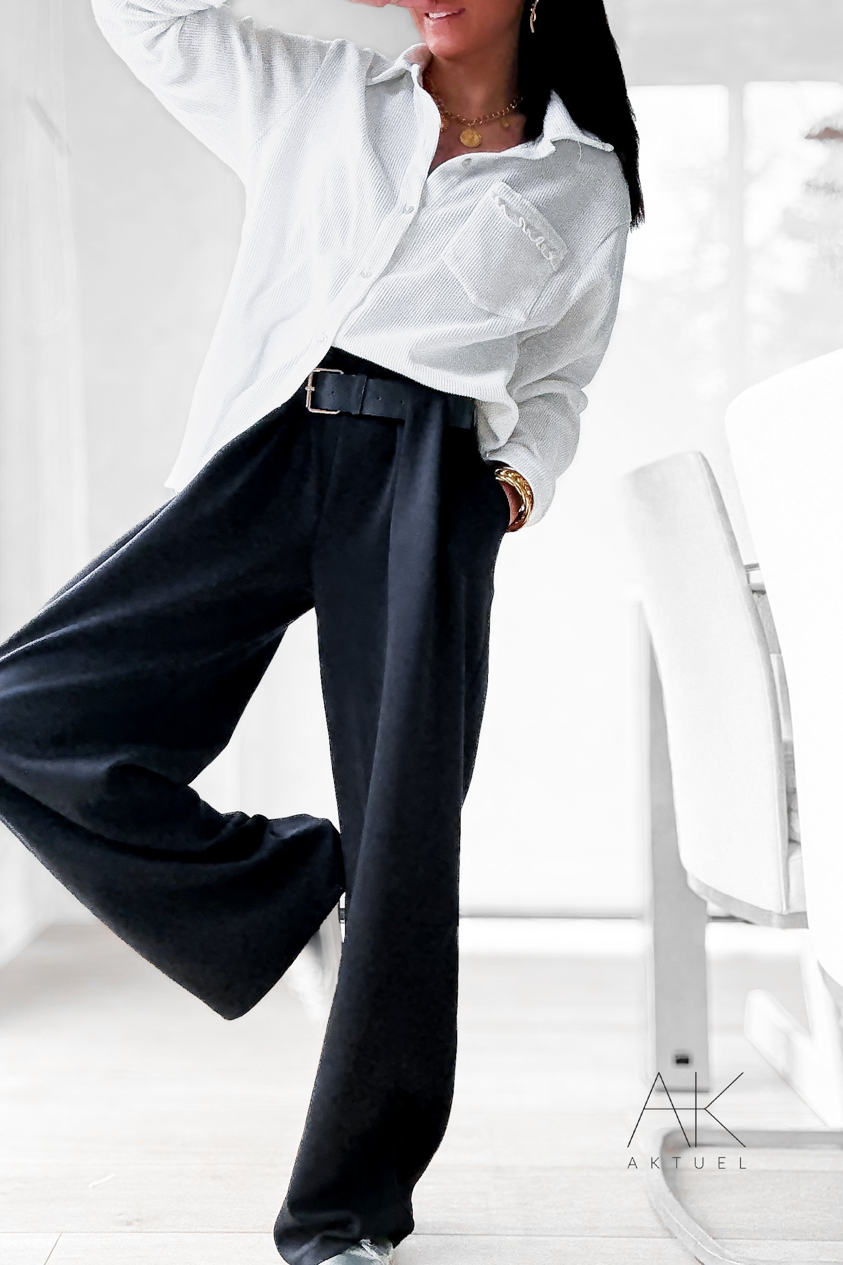 Pantalon large jogging noir ceinturé