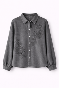 Chemise en jean gris brodée fleurs