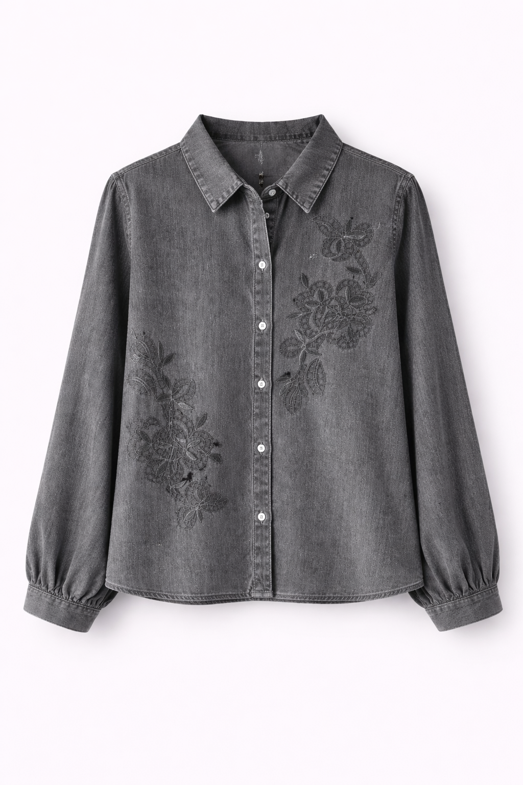 Chemise en jean gris brodée fleurs