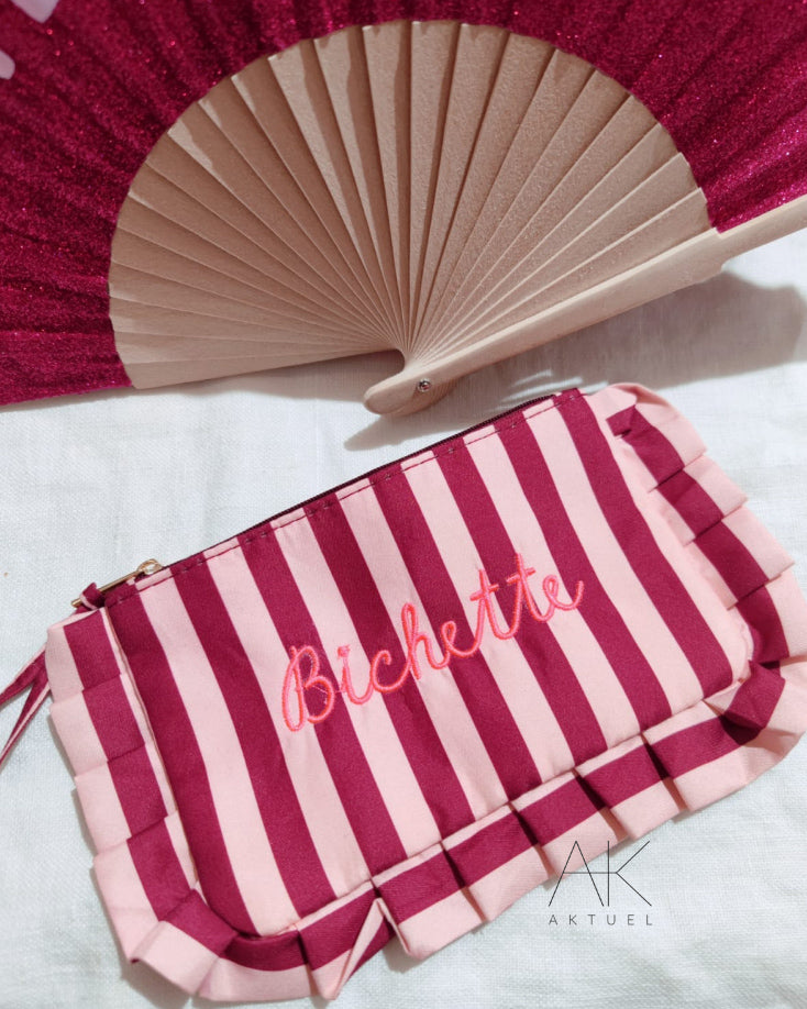 Pochette froufrou « bichette » bordeau/rose