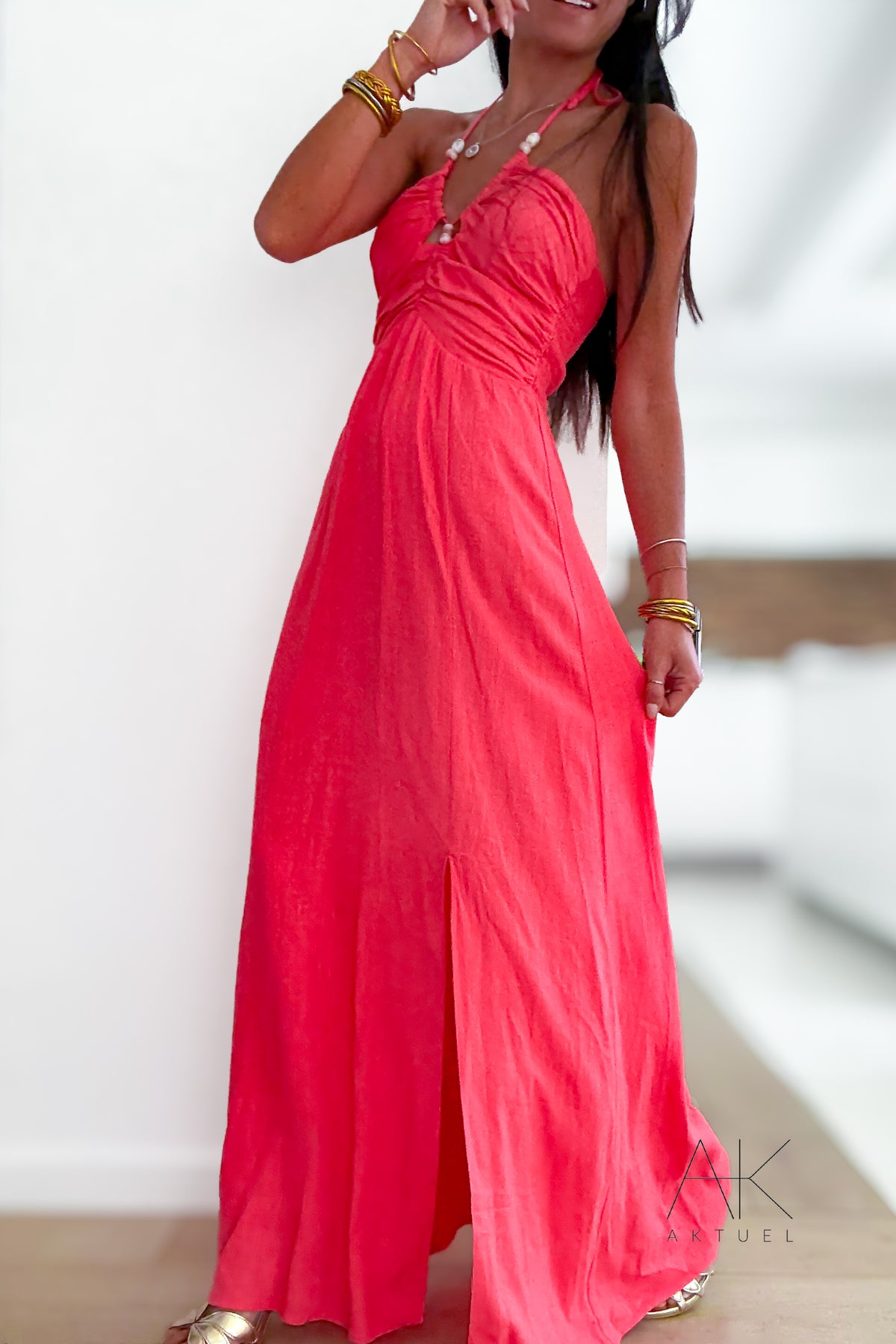 Robe longue en lin à bretelles corail