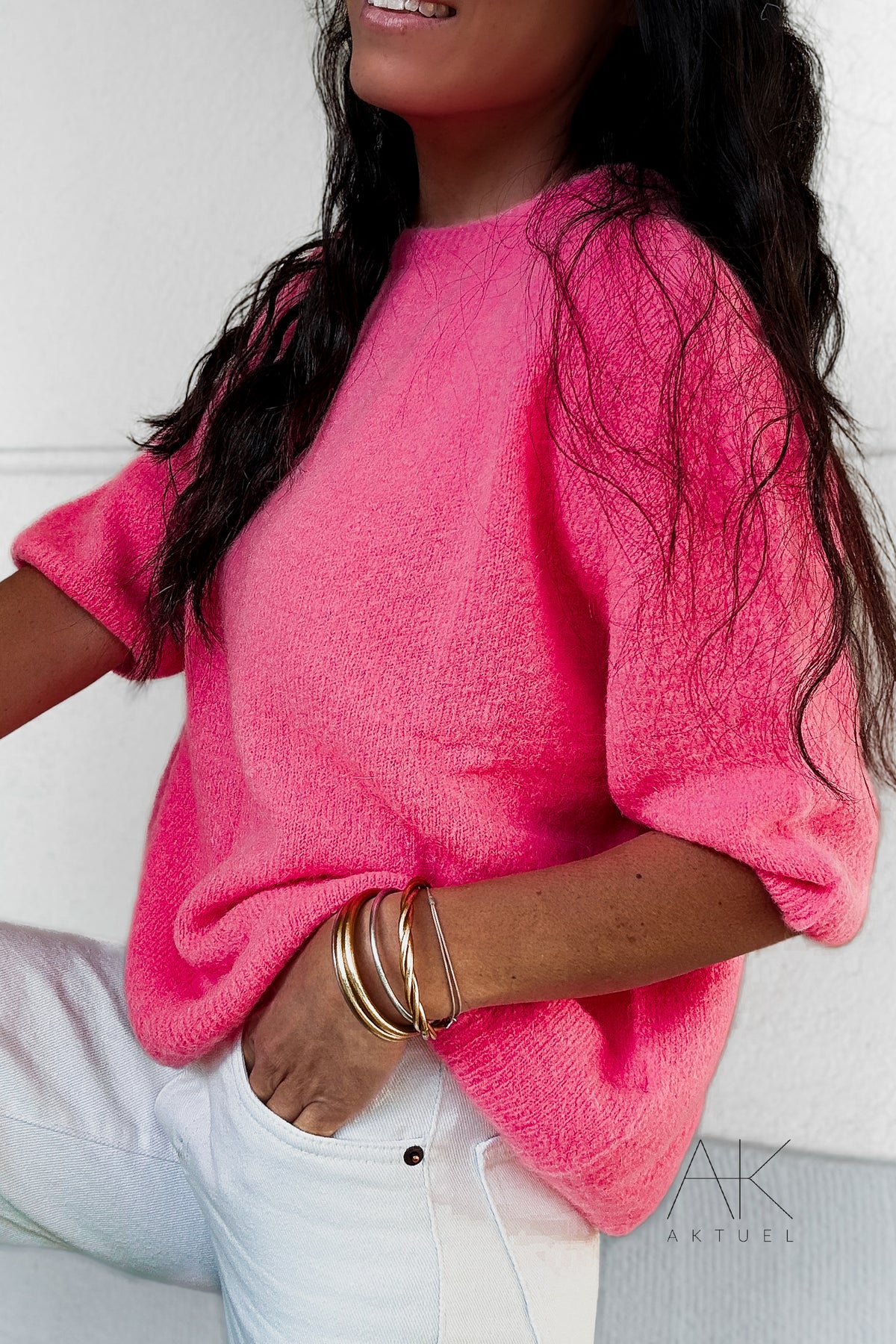 Pull rose alpaga à manches courtes