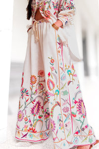 Pantalon lin imprimée fleurs brodées