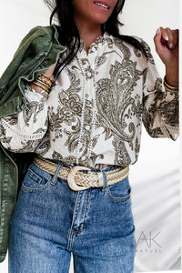 Chemise imprimée à motif cachemire kaki