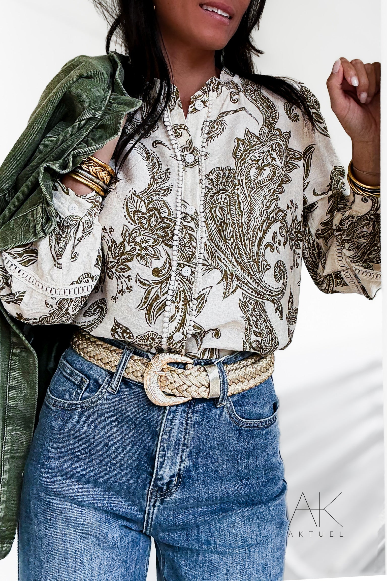 Chemise imprimée à motif cachemire kaki