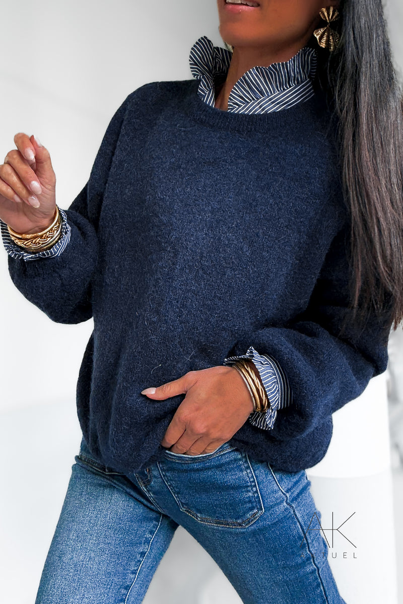 Pull en maille bleu marine baby alpaga col rond