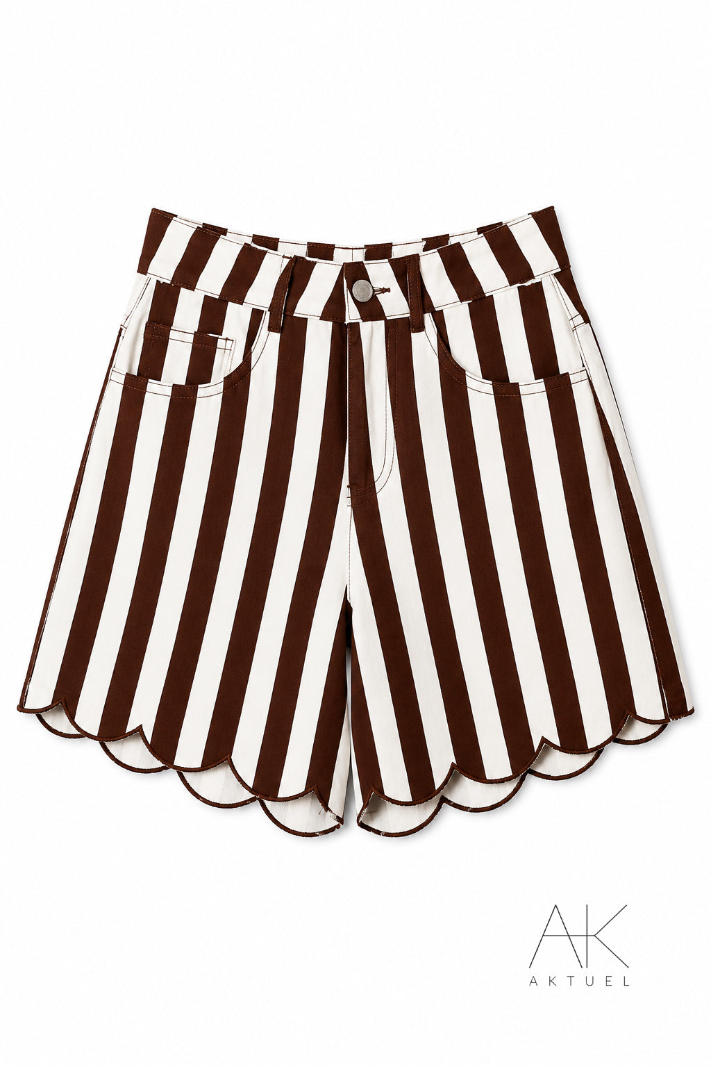 Short en jean à rayures finition festonnée vert chocolat