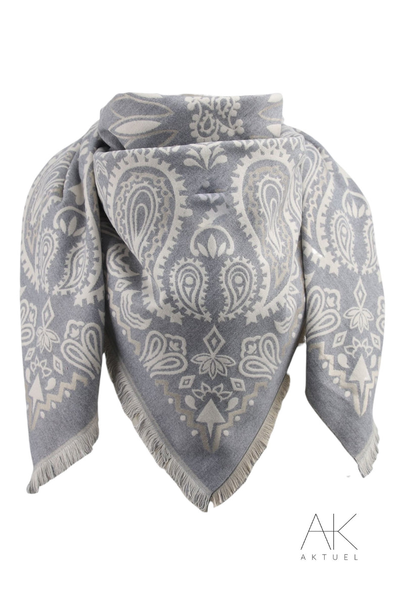 Foulard cachemire grise à motif paisley & finitions frangées