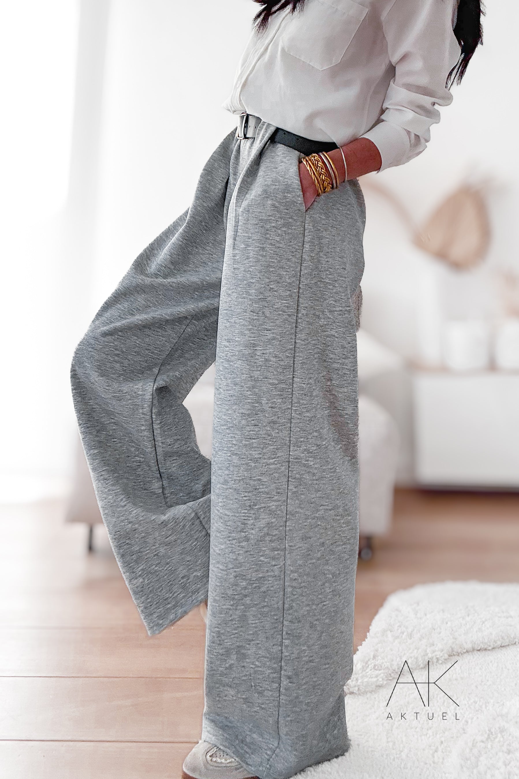 Pantalon large gris ceinturé