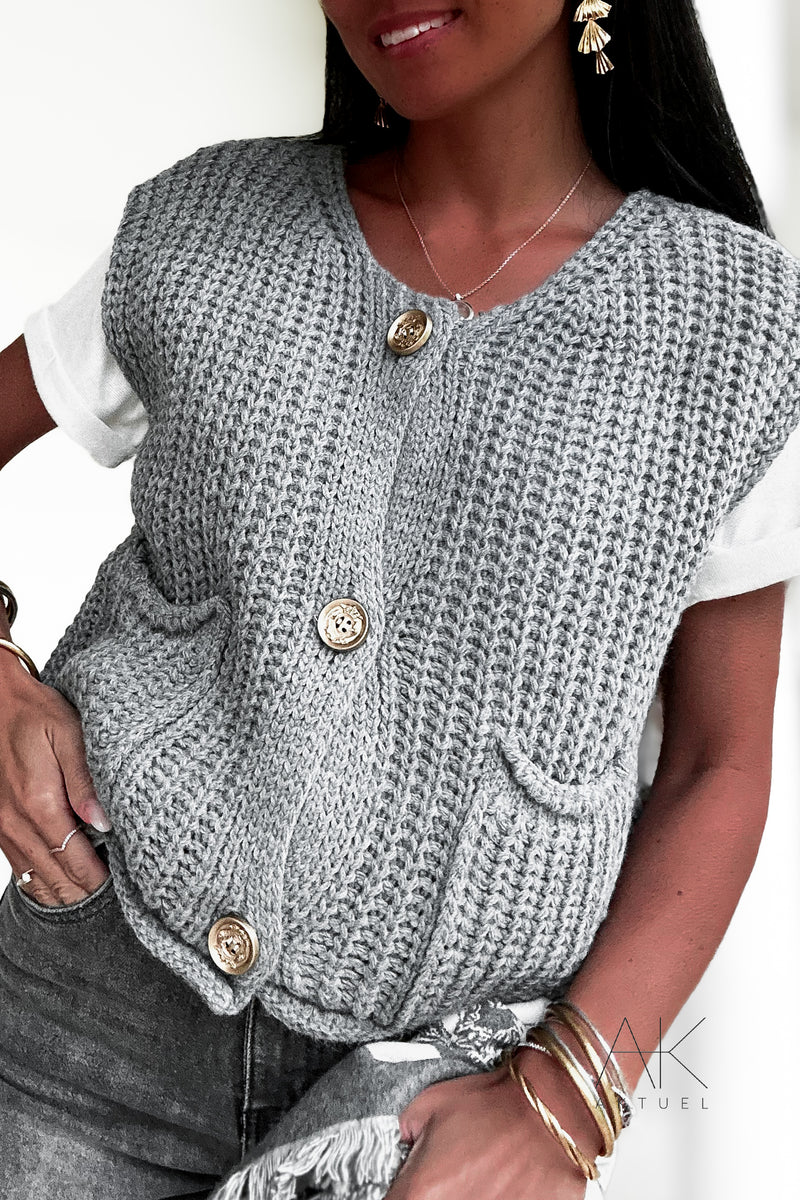 Pull en grosse maille à manches courtes gris