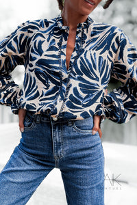 Chemise fluide à imprimé feuillage bleu marine