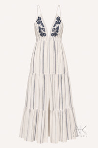 Robe longue bohème brodée écrue & marine