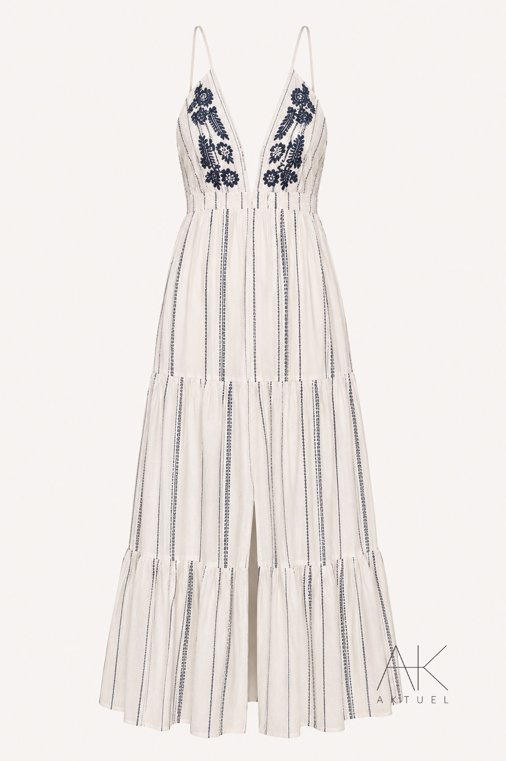 Robe longue bohème brodée écrue & marine