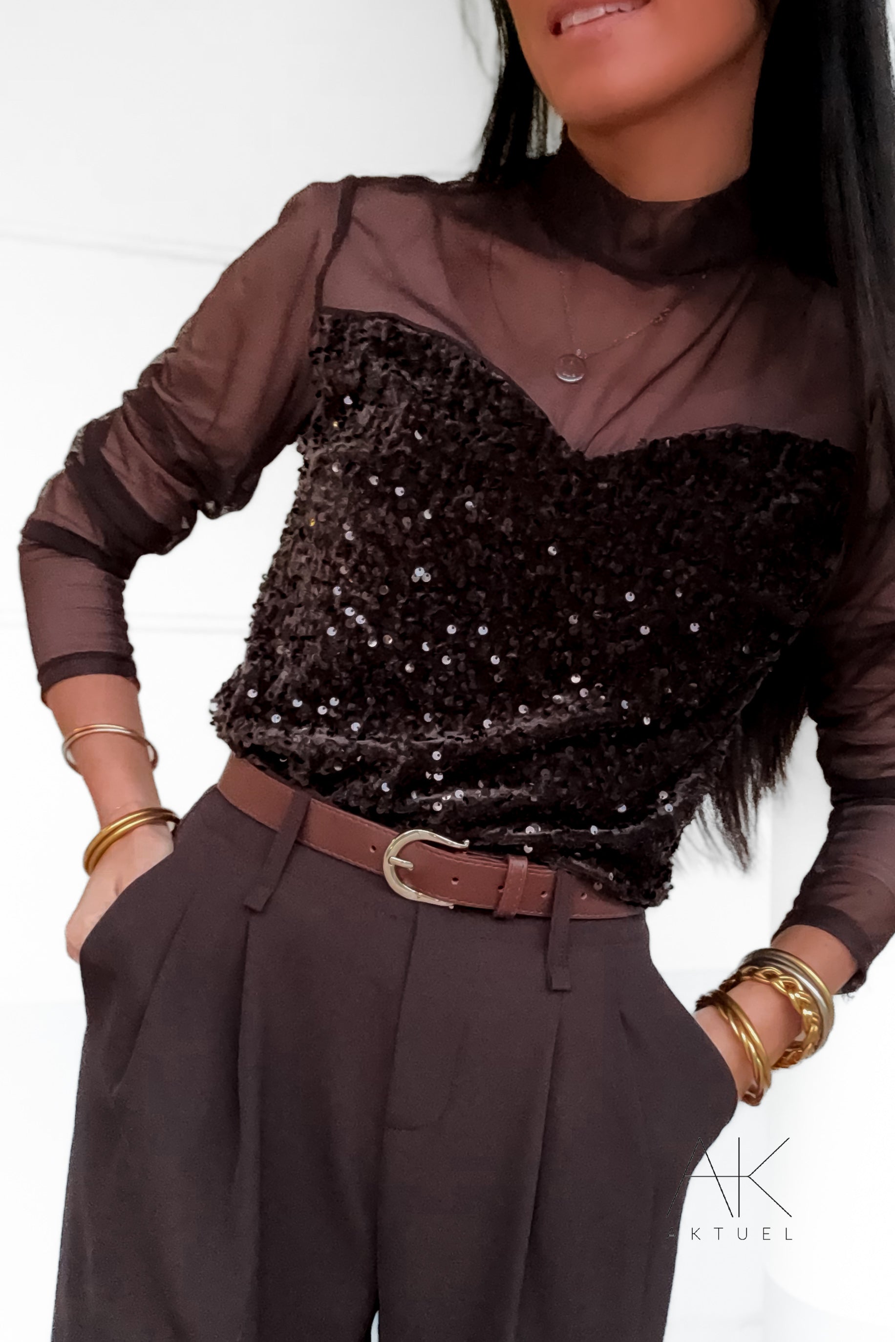 Top tulle & sequins marron