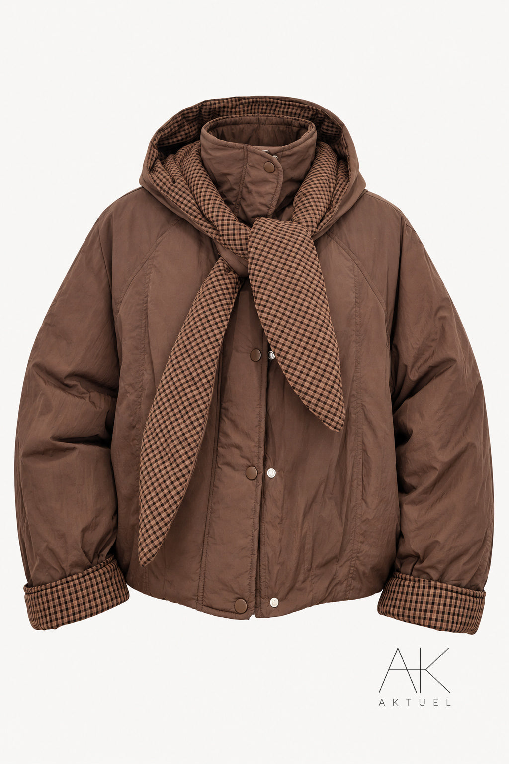 Blouson courte à capuche et détails à carreaux marron chocolat