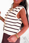 Top en maille rayée marron avec des boutons broches soleil