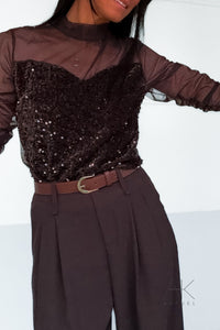 Top tulle & sequins marron