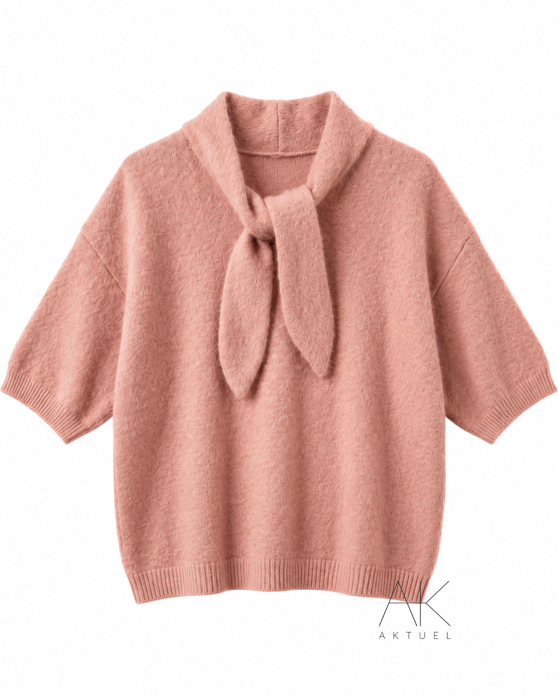 Pull rose alpaga manche 3/4 col à nouer