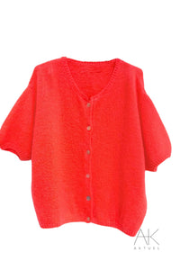 Cardigan en bébé mohair et laine corail à manches courtes