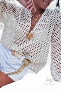 Blouse ajouré en maille broche soleil beige