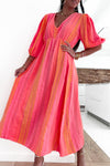 Robe longue en gaze de coton en imprimé graphique rose fluo & corail