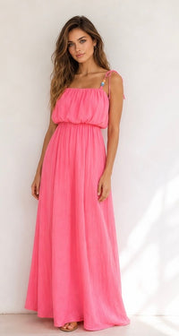 Robe longue corail à bretelles perlées