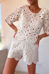 Top manches courtes en crochet beige