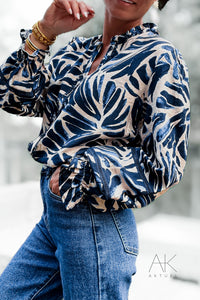 Chemise fluide à imprimé feuillage bleu marine