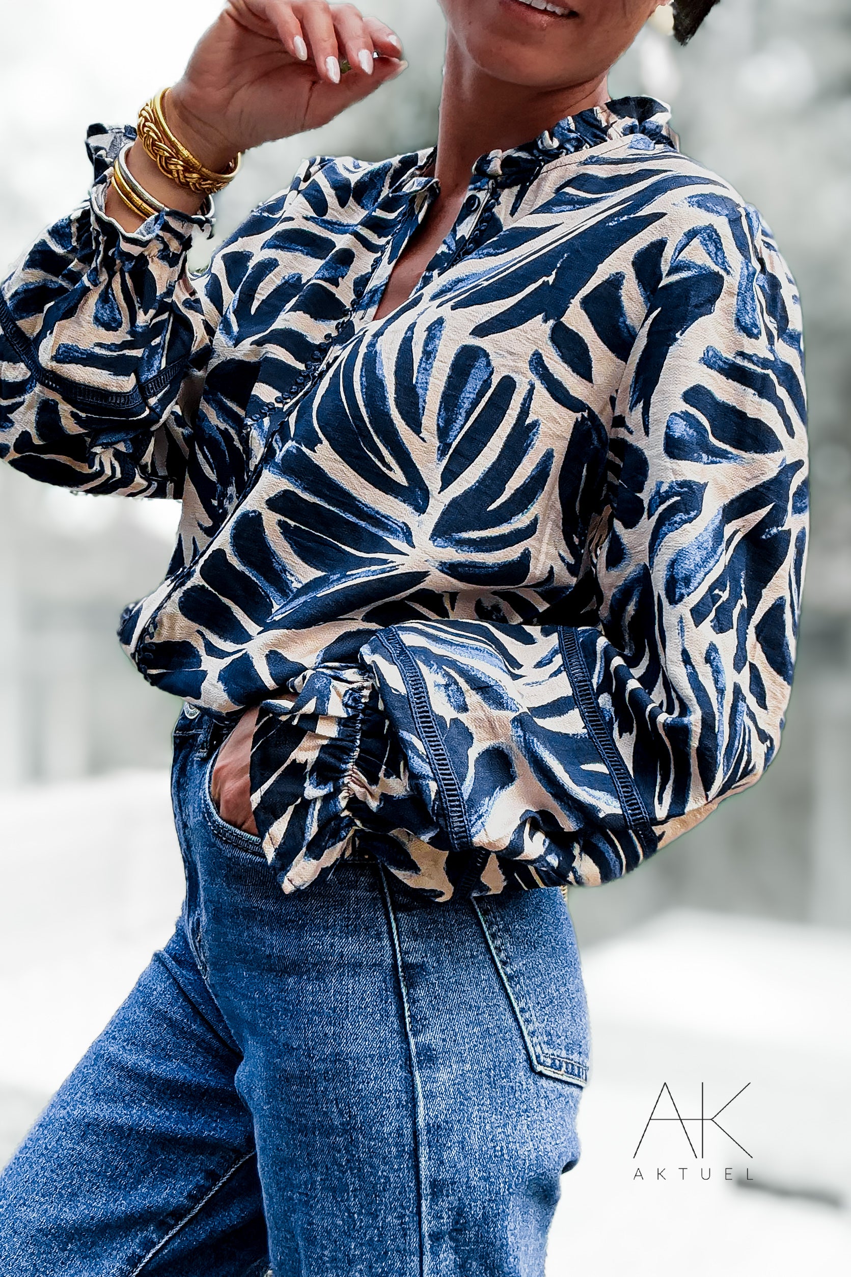 Chemise fluide à imprimé feuillage bleu marine