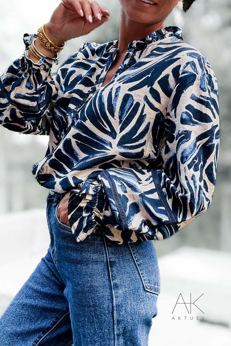 Chemise fluide à imprimé feuillage bleu marine