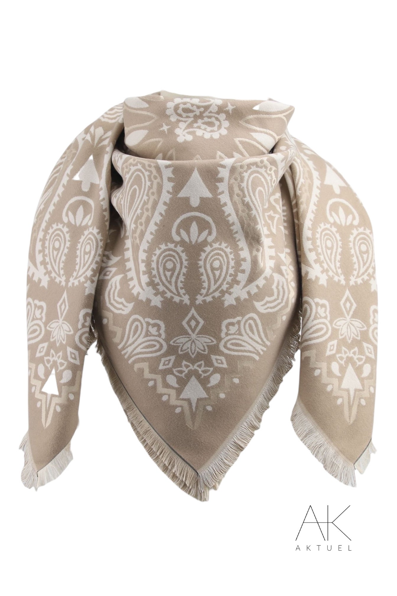 Foulard cachemire beige à motif paisley & finitions frangées