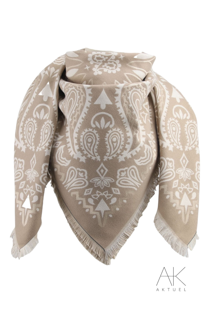 Foulard cachemire beige à motif paisley & finitions frangées