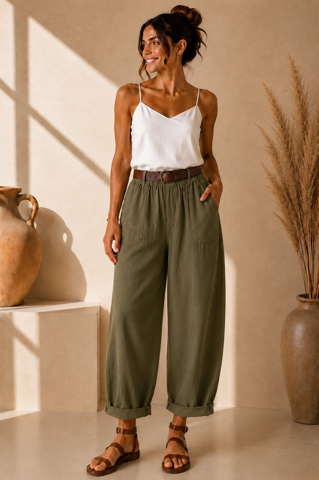 Pantalon barrel en lin kaki