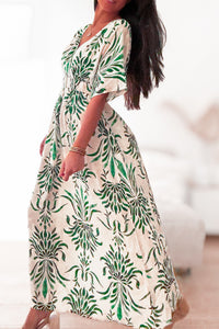 Robe longue imprimée verte et écru