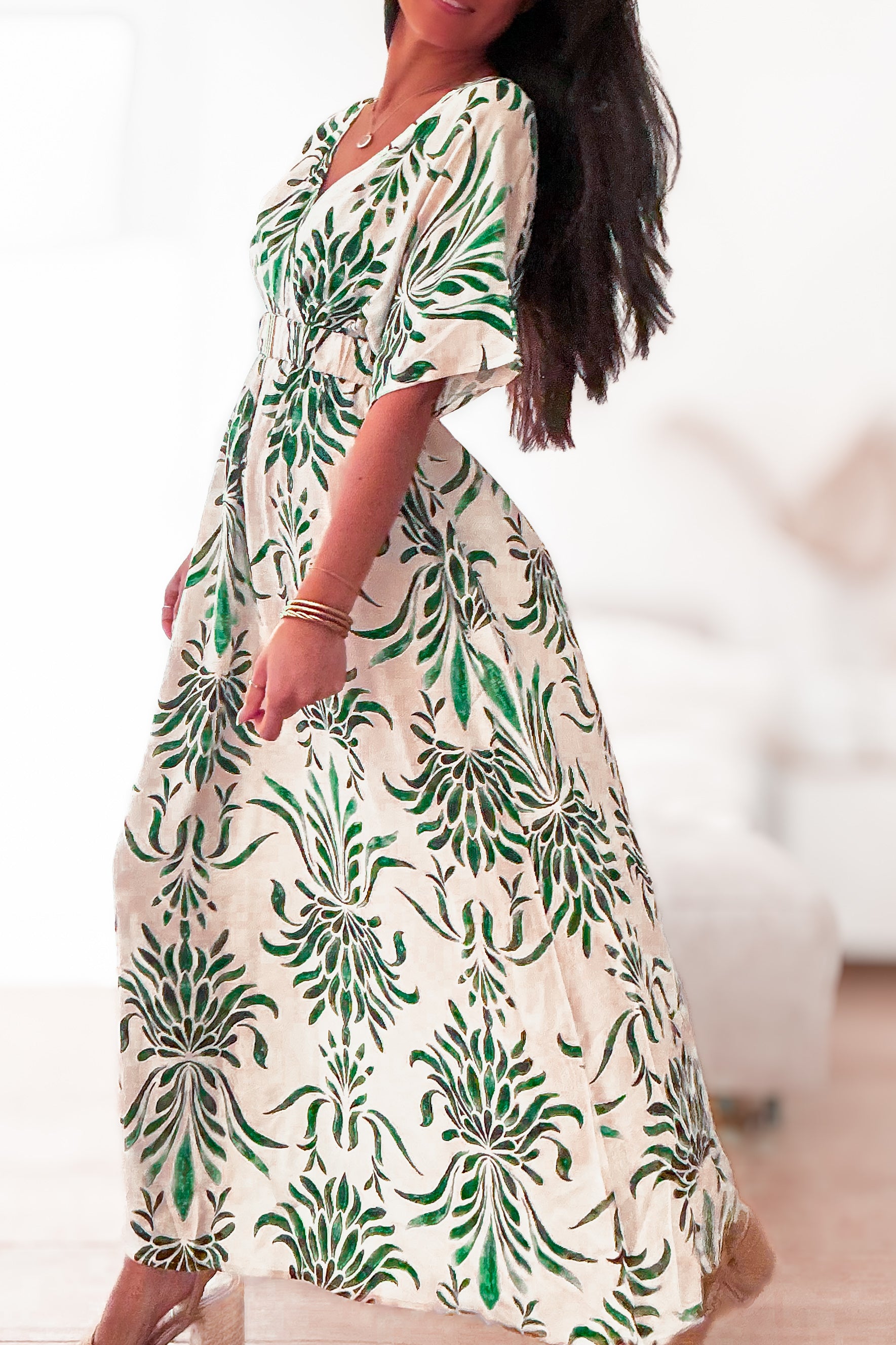 Robe longue imprimée verte et écru