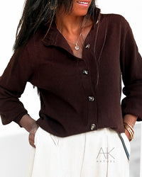 Gilet col volanté marron chocolat
