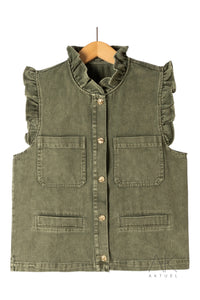 Gilet denim kaki à volants