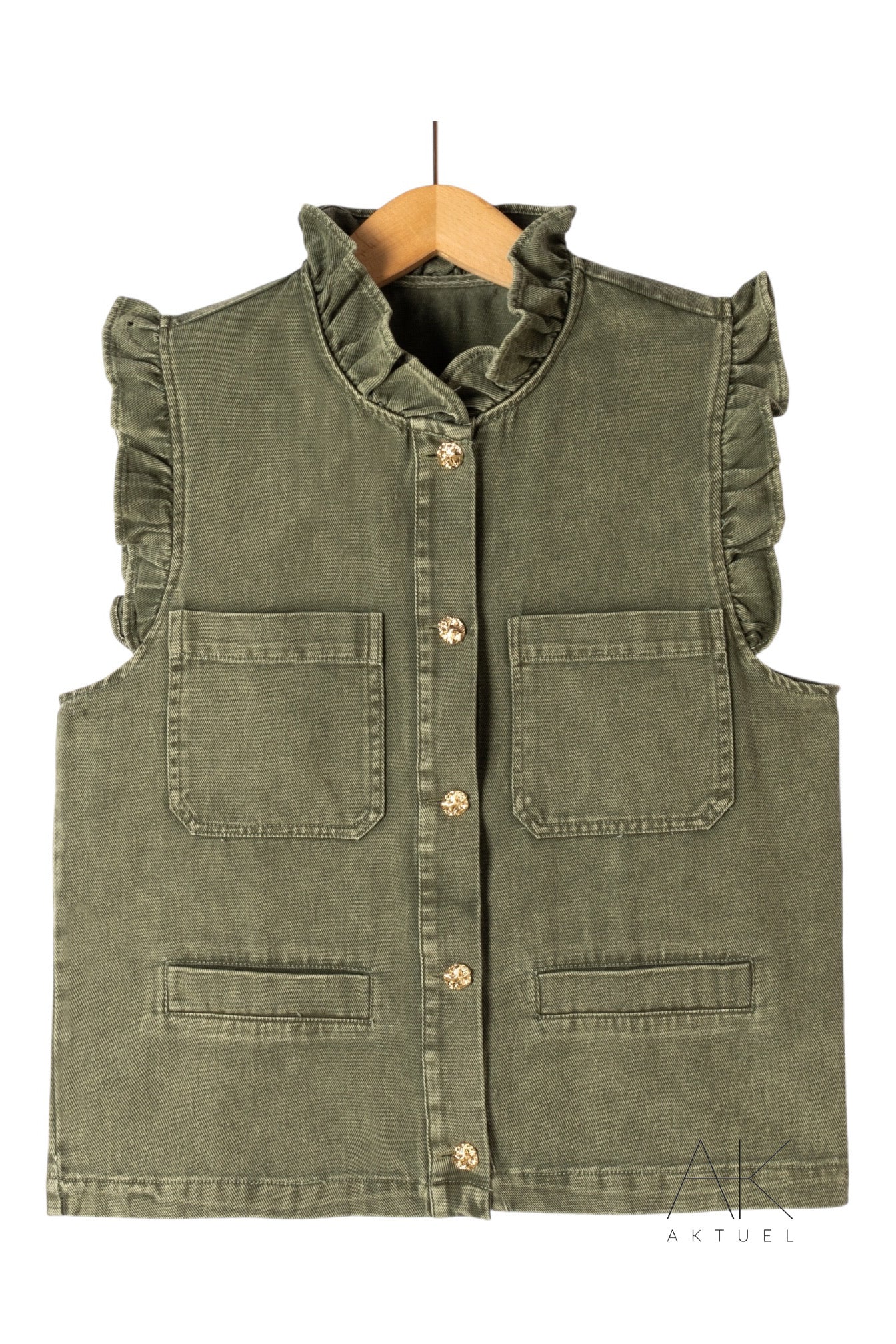 Gilet denim kaki à volants