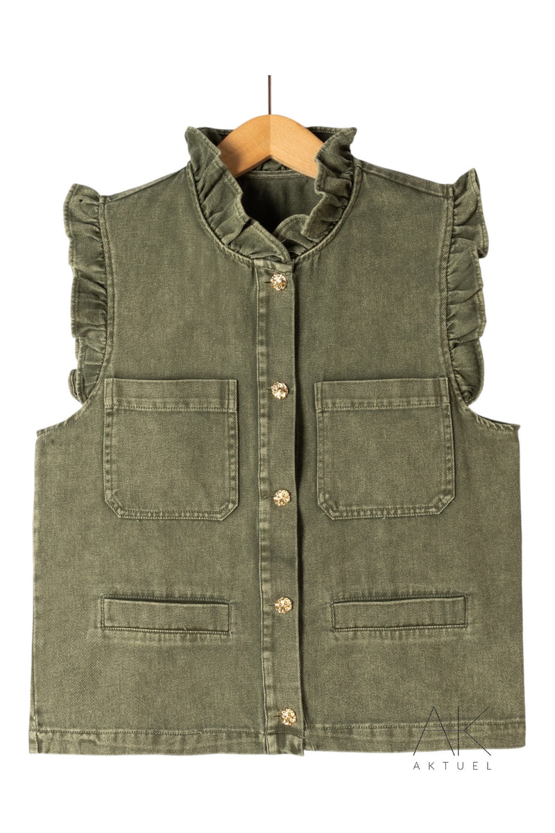 Gilet denim kaki à volants