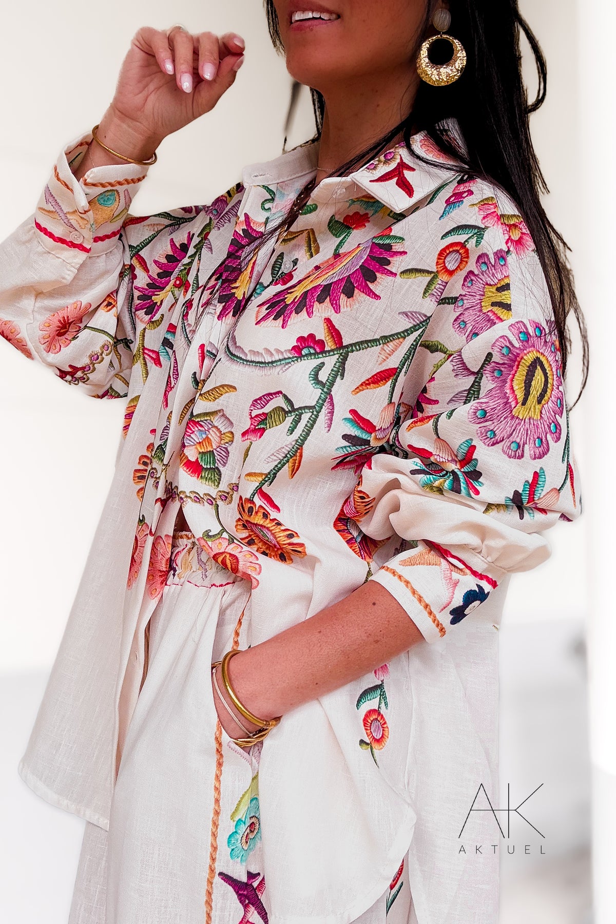 Chemise lin imprimé fleurs colorées