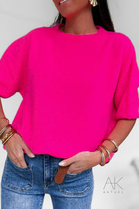 Pull fuchsia alpaga à manches courtes