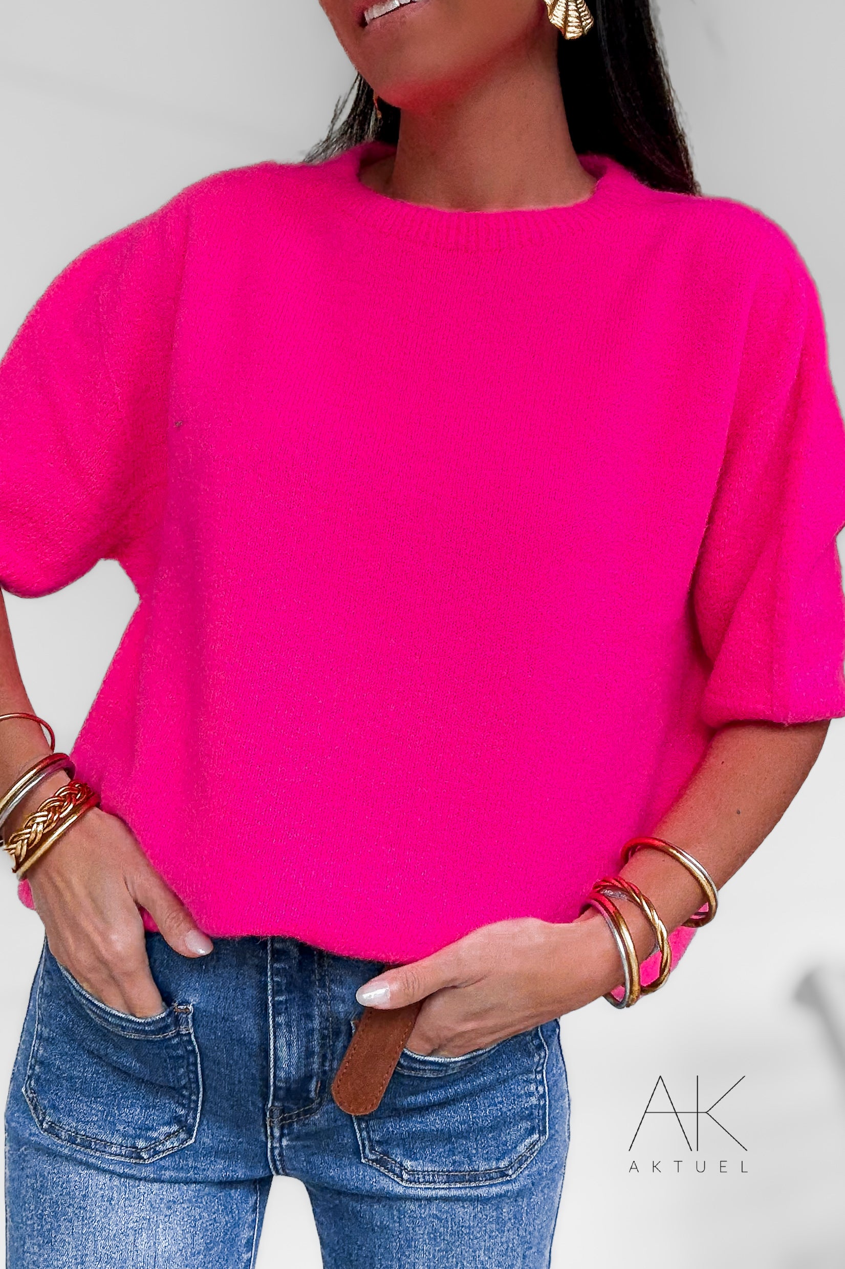 Pull fuchsia alpaga à manches courtes