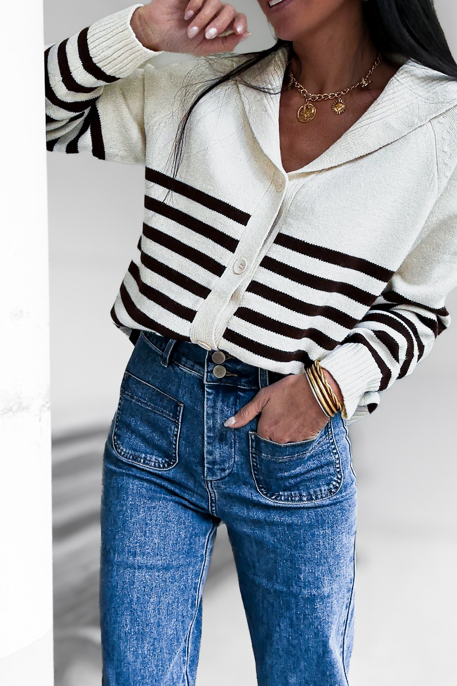 Pull rayé écru et marron