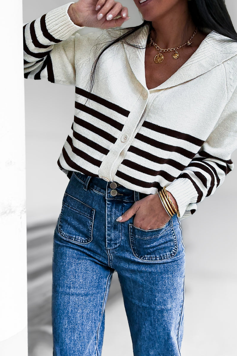 Pull rayé écru et marron