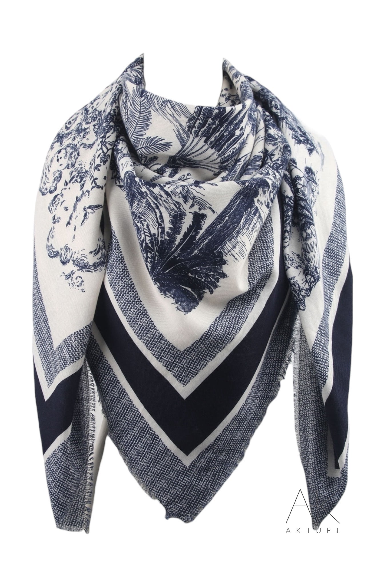 Foulard bleu marine en imprimé toile de jouy