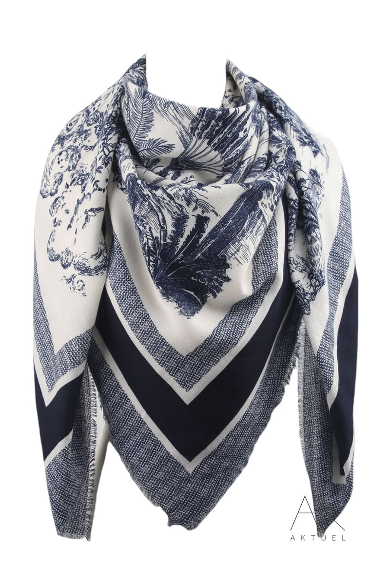 Foulard bleu marine en imprimé toile de jouy