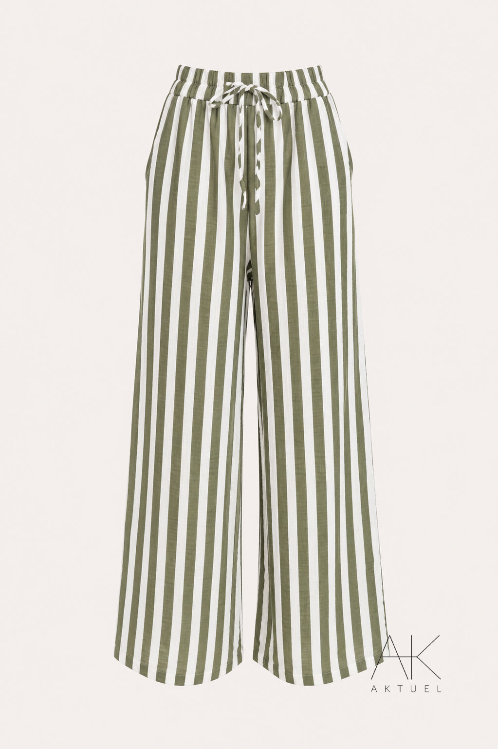 Pantalon large rayé kaki et écru en gaze de coton