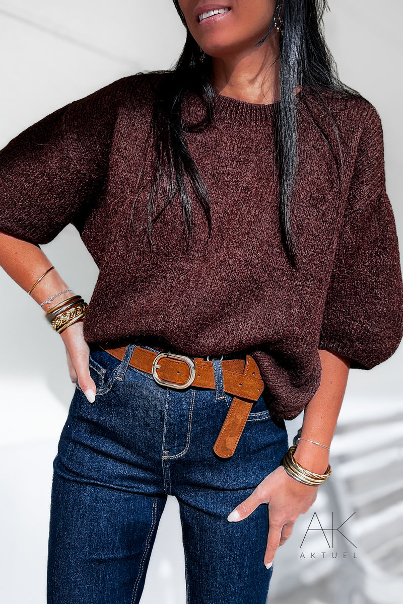 Pull chocolat mohair à manches courtes