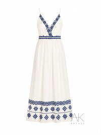 Robe longue brodée beige et bleu marine – Dos smocké & bretelles fines