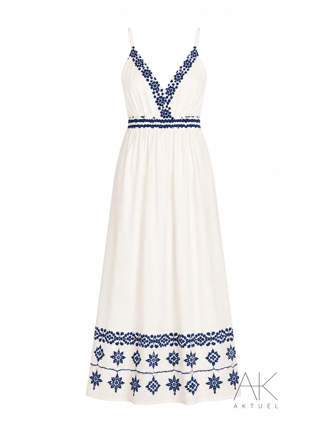 Robe longue brodée beige et bleu marine – Dos smocké & bretelles fines